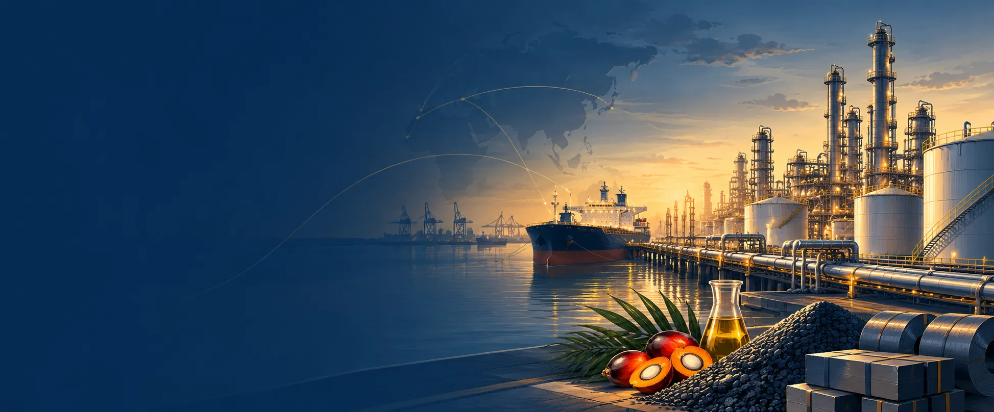 Tanker moored beside an oil refinery at sunset, with palm fruit, a flask of oil, bitumen and metal coils in the foreground