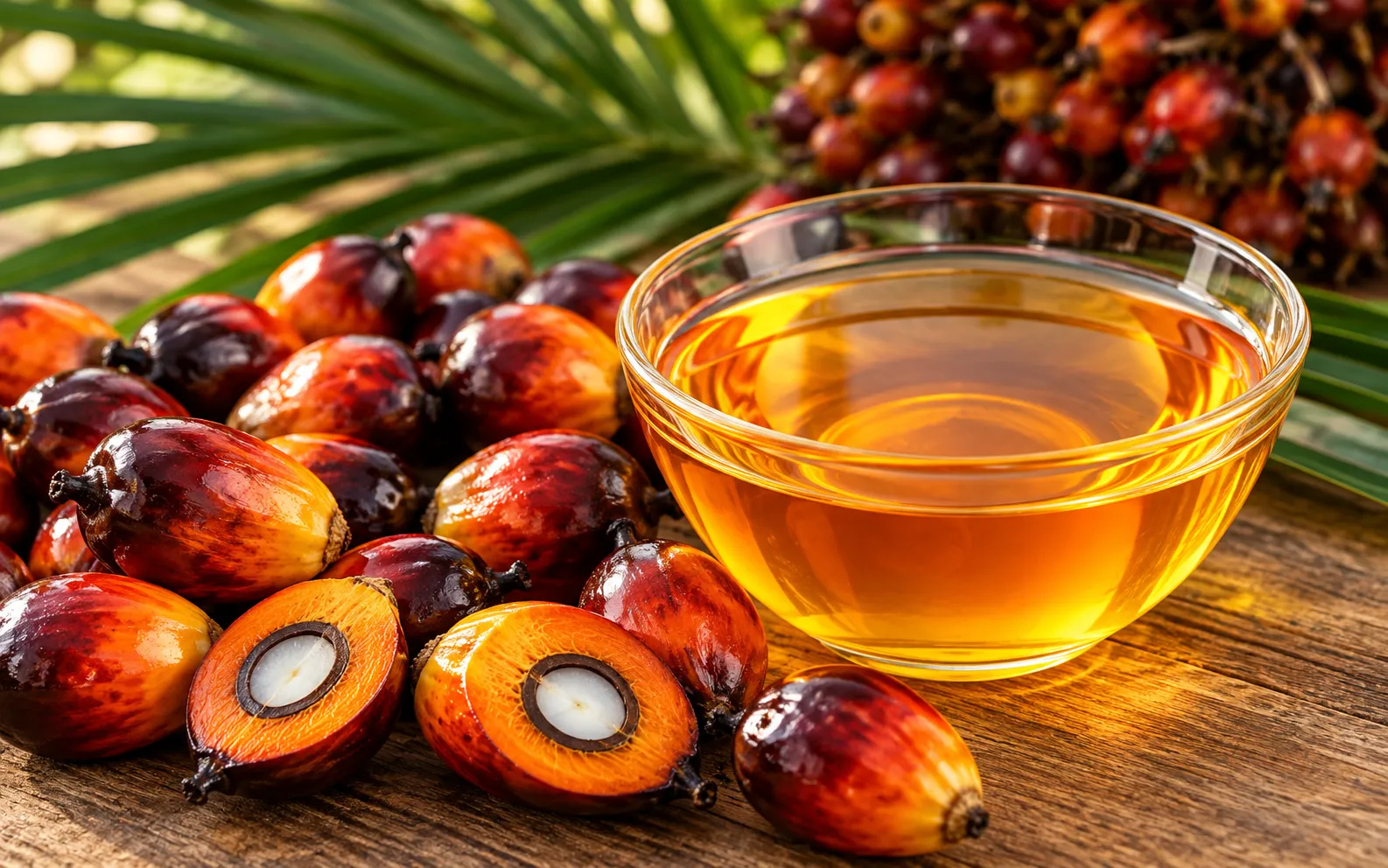 Fresh palm fruit beside a glass bowl of golden refined palm oil